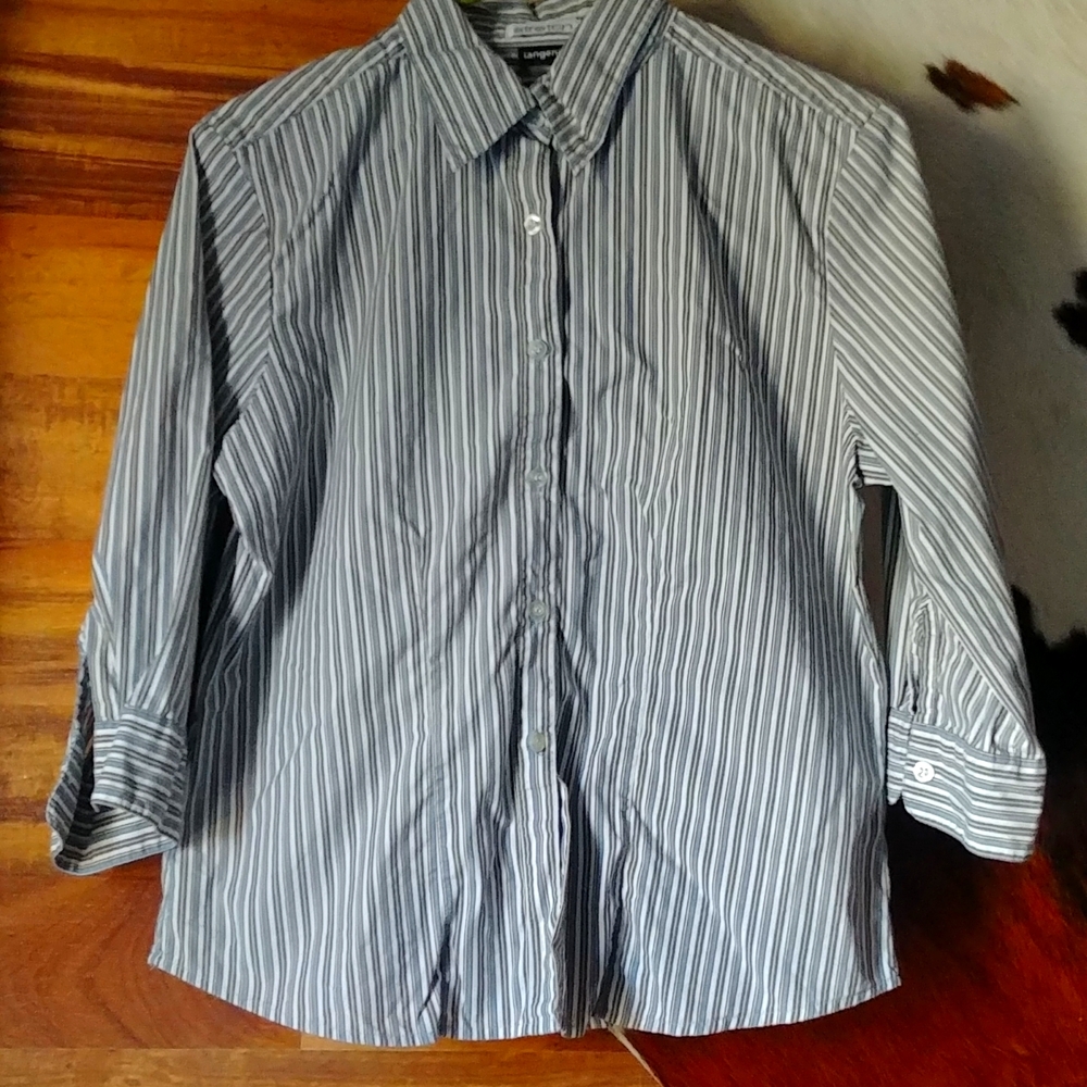 2/$25 Women's Tangents Blue Yellow Stripe Button Down Shirt 3/4 Sleeve Sz L Y2K
